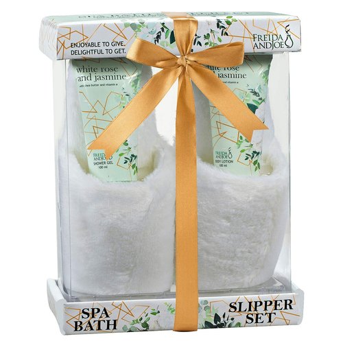 Home Spa Slippers Set Bath Gift Basket - White Rose Jasmine Fragrance - - Contains Body Lotion and Shower Gel, Plush Cozy Close Toe Slippers