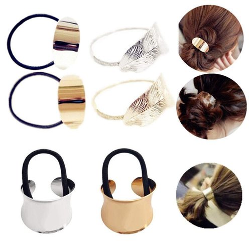 JinYu 6 Pcs Circle Cuff Metal Hair Ties Metal Ponytail Holder Metal Leaf Hair Rope Punk Metal Hair Cuff for Women Girls Wearing