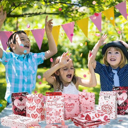 Valentines Gift Bags Party Favors - 40 PCS Valentine Paper Bags + 42 PCS Valentine Stickers for Kids Adult, 8 Patterns Valentine Treat Bags Valentine Goodies Bags for Wrapped Gifts Party Decorations