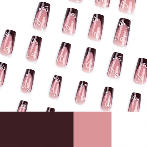 Valentine's Day Black French Tip Press on Nails Square Fake Nails Medium Acrylic Nails Press ons Cute Valentines Heart Rhinestones Full Cover Glue on Nails for Women Girls 24 Pcs