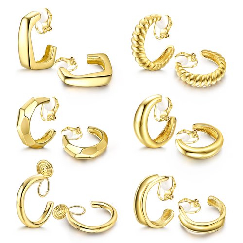 UBGICIG 6Pairs Gold Clip on Hoop Earrings For Women Fashion Clip on Earrings For Egirls Gold Chunky Hoop Earrings No Piercing Fake Earrings Set (Gold Tone)