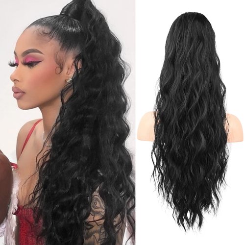 Flufymooz Ponytail Extension, 26 Inch Drawstring Ponytail Hair Extensions for Women，Long Curly Wavy Ponytail Natural Wavy Synthetic Hairpiece for Women Daily Use party (26 Inch Natural Black)