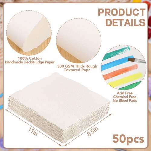 50 Sheets Watercolor Paper 8.5 x 11, 300 GSM Deckled Edge Paper Rough/Textured Handmade Paper Cotton Paper for Watercolors, Wedding Invitations, Cards, Crafts