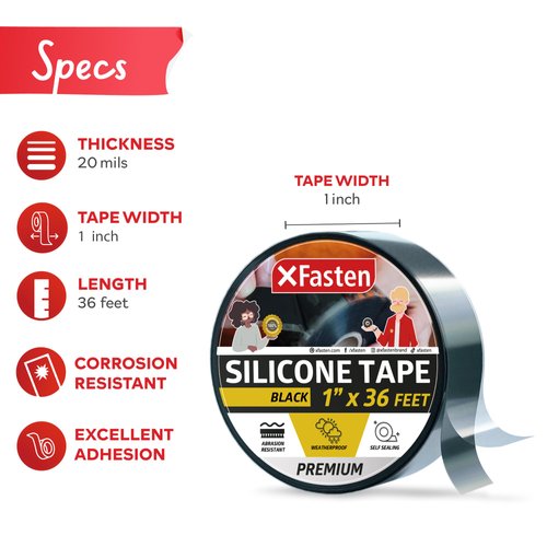 XFasten Self Fusing Silicone Tape Black 1" X 36-Foot, Silicone Tape for Plumbing, Leak Seal Tape Waterproof, Silicone Grip Tape, Rubber Tape Thick for Pipe, Hose Repair Tape, Stop Leak Tape