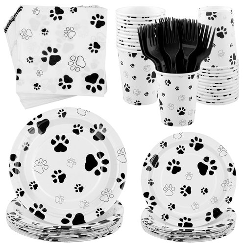 Kochorie 144 Pieces Black Paw Print Party Tableware Sets Including Disposable Plates Napkins Cups Forks Serves 24 for Dog Puppy Theme Party Supplies