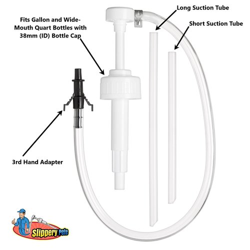 Slippery Pete - Fluid Pump for Wide-Mouth Quart Bottles - 8cc per Pump Stroke and 3rd Hand Adapter, Transfer Gear Oil, Transmission and Differential Fluid (38mm)