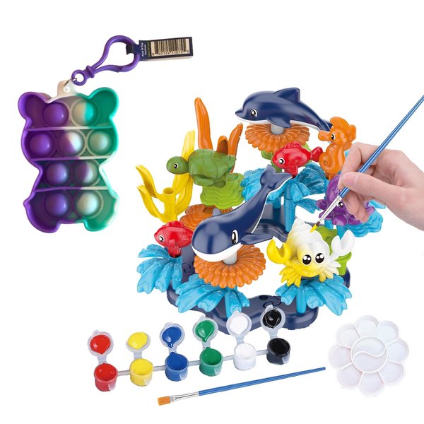 KC Republic Ocean Reef Sea Creatures 37pcs Water Washable Painting & Building Toy Set, Children's Activity Art Kit, Paint Your Own Buildable Ocean Reef Toy with Free Stress Reducing Keychain Gift