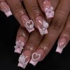 DANMANR Pink Fake Nails Bow False Nails Full Cover Acrylic Square Medium French Flower Fake Nails for Women and Girls 24PCS