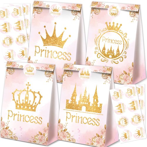 24Pcs Princess Party Favor Bags Princess Birthday Party Supplies Princess Goodie Bags Princess Party Decorations Princess Gift Bags for Princess Party Supplies Gold and Pink