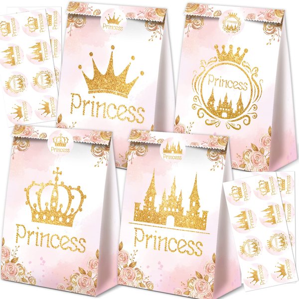 24Pcs Princess Party Favor Bags Princess Birthday Party Supplies Princess Goodie Bags Princess Party Decorations Princess Gift Bags for Princess Party Supplies Gold and Pink
