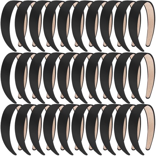 SIQUK 30 Pieces Black Satin Headbands 1 Inch Wide Non-slip Headbands Hair Plain Headbands DIY Headband for Women and Girls