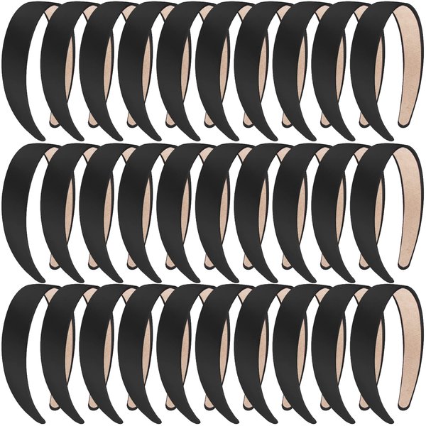 SIQUK 30 Pieces Black Satin Headbands 1 Inch Wide Non-slip Headbands Hair Plain Headbands DIY Headband for Women and Girls