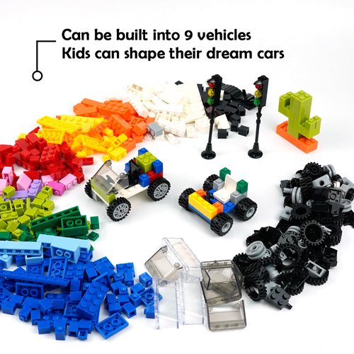 Wheels and Axles Sets with Steering Wheels& &Windshield&Traffic Light, Over 400pcs Classic Bricks Pieces and Car Parts Kits, Basic Bulk Building Blocks Vehicles with Tires