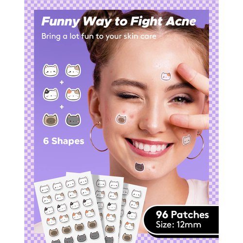LitBear Acne Patch Pimple Patch, Cat Shaped Acne Absorbing Cover Patch, Hydrocolloid Acne Patches For Face Zit Patch Acne Dots, Tea Tree Oil & Salicylic Acid, 96 Patches, 12mm