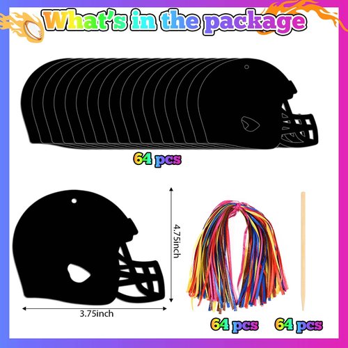 64 Pcs Football Scratch Paper Football Helmet Scratch Cards Ornaments with Wooden Stylus and Ribbons Color Your Own Football for DIY Crafts Painting Football Classroom Party Supplies