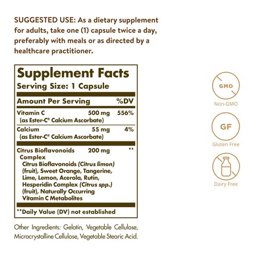 Solgar Ester-C Plus 500 mg Vitamin C with Citrus Bioflavonoids - 90 Capsules - Gentle & Non Acidic, Well Retained - 24-Hour Immune Support - Non-GMO, Gluten Free - 90 Servings