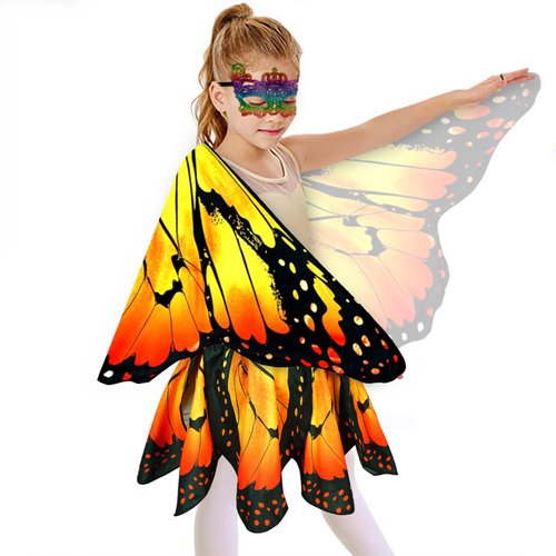 Sunlisky Kids Butterfly Wings Costume for Girls Fairy-Wings Toddler Dress Up Play Costumes Butterfly Skirt Set Mask Party Favors Gifts(Orange+skirt sets)