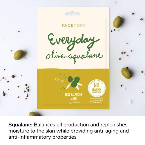 FACETORY Everyday Olive Squalane Skin Balancing Sheet Mask With No Harsh Chemicals - Soft, Form-Fitting Mask, For All Skin Types - Balancing, Rejuvenating, and Moisturizing Face Mask (Pack of 5)