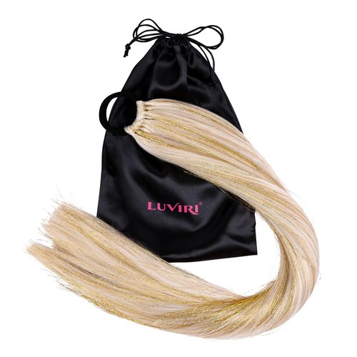 Luviri Blonde Hair Extensions Hair Tinsel 26” Jumbo Long Ponytail Extension for Braiding Hair on Hair Tie Loose Tinsel Hair Extensions, 9 Soft Fake Hair and Hair Glitter 1 Pcs Blonde Ponytail