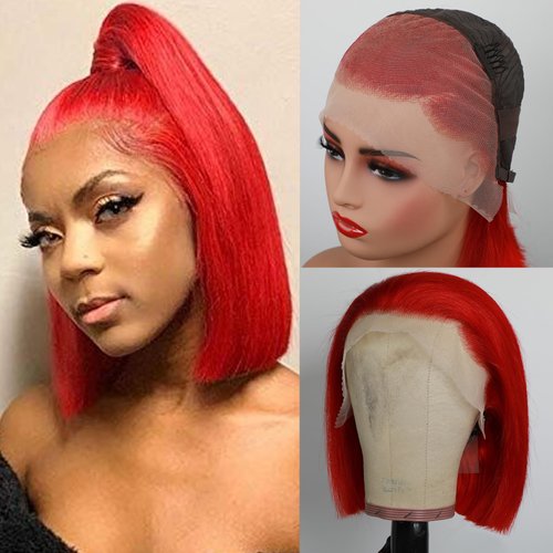 GIRLOFDREAMS 13x4 Red Short Bob Wig Human Hair Colored 180 Density Straight Lace Frontal Wigs Glueless Pre Plucked with Baby Hair Brazilian Remy Color Hair Transparent Lace Front Wigs for Black Women