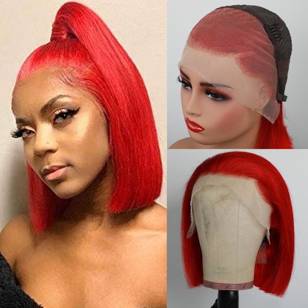 GIRLOFDREAMS 13x4 Red Short Bob Wig Human Hair Colored 180 Density Straight Lace Frontal Wigs Glueless Pre Plucked with Baby Hair Brazilian Remy Color Hair Transparent Lace Front Wigs for Black Women