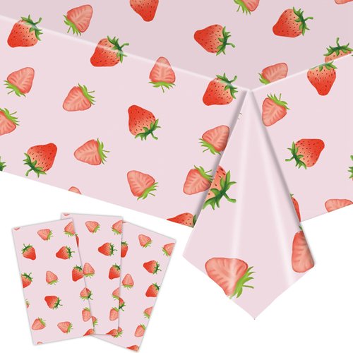 MaitianGuyou Strawberry Tablecloth 54 x108 Inch Disposable Plastic Rectangle Strawberry Table Cloth for Kids Girls Strawberry Baby Shower Indoor Outdoor Party Decorations(3 Pieces)