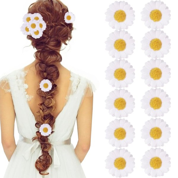 12pcs Womens Multi-colored Sweet Daisy Hair Clips Mini Sun Flower Hairpins Hair Accessory for Bridesmaid Wedding Photography (White)