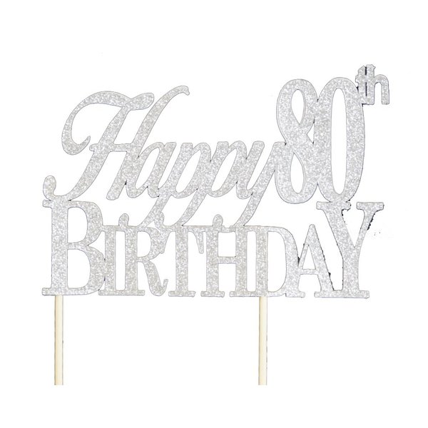 All About Details Happy 80th Birthday Cake Topper,1pc, 80th Birthday, Cake Decoration, Party Decor (Silver)