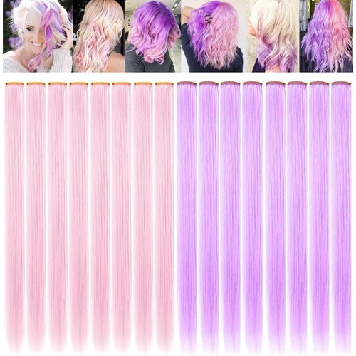 IAMERUI Multi-colors Party Highlights Straight Hair Colorful Clip in Synthetic Hair Extensions in Multiple Colors Heat Resistant Long Hairpiece 16PCS (Light Pink+Light Purple)