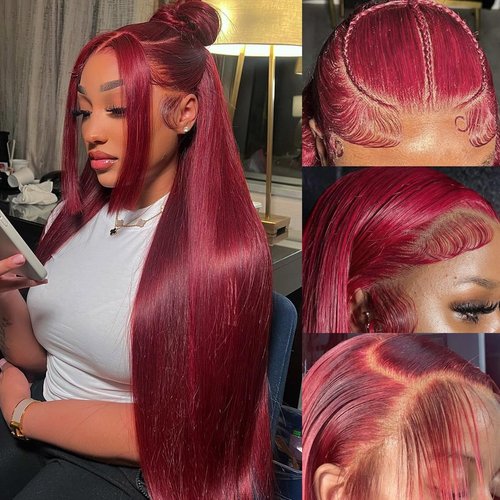 Valkous 28 Inch 99j Burgundy Lace Front Wigs Human Hair Straight Wigs for Women Glueless 13x4 Lace Front Wigs Human Hair Colored 180% Density Red Straight Lace Front Wigs Human Hair Pre Plucked Wigs