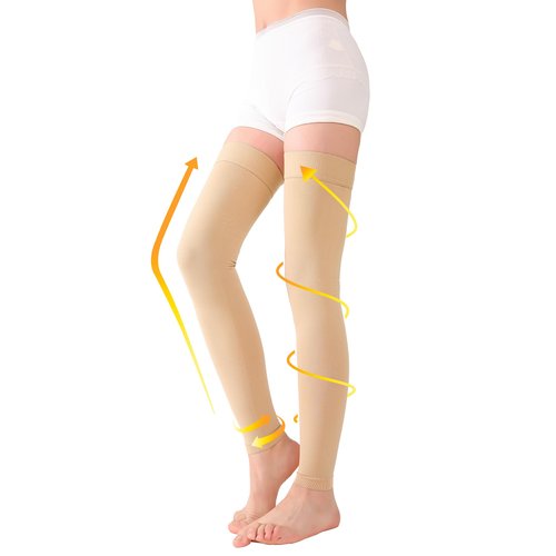 TOFLY® Medical Thigh High Compression Stockings Footless for Women & Men, Opaque Support Hose, 20-30mmHg Graduated Compression Socks with Silicone Band for Varicose Veins, Edema, DVT, 1 Pair Beige L