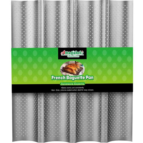 AMAGABELI GARDEN & HOME Nonstick Perforated Baguette Pan 15" x 13" for French Bread Baking 4 Wave Loaves Loaf Bake Mold Toast Cooking Bakers Molding 4 Gutter Oven Toaster Pan Cloche Waves Silver