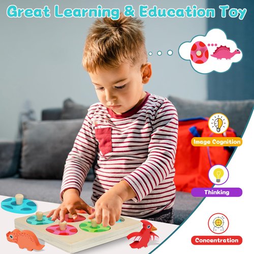 Wooden Puzzles for Toddlers 1-3, Dinosaur Wooden Toddler Puzzle, 6 Pcs Dinosaur Matching Egg Puzzle, Montessori Toys, Learning Color Sorting Shape Puzzles, Boy Girl Easter and Christmas Birthday Gifts