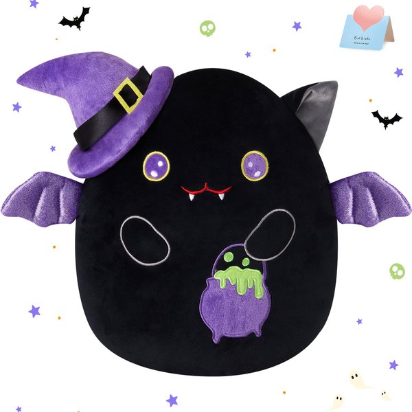 HappySpot Halloween Bat Plush,Black Bat Stuffed Animals with Purple Wizard Hat Witch Cauldron,Cute Halloween Bat Plush Toy,11.8'' Soft Halloween Bat Plushie Pillow Halloween Decoration Gifts for Kids