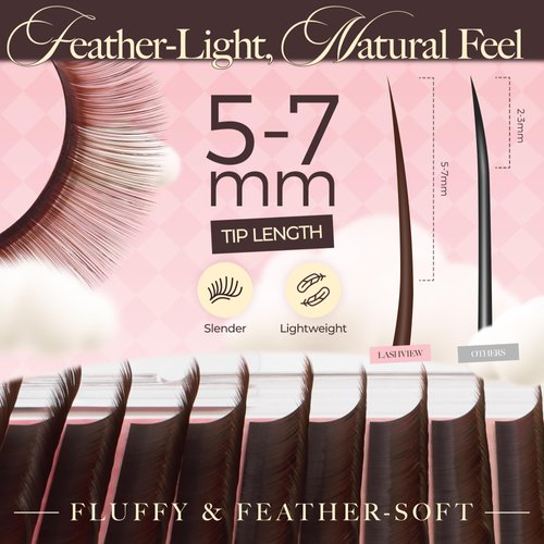 LASHVIEW Coffee Brown Volume Lash Extensions 0.03-0.20 J/B/L/C/CC/D Curl 8-16mm Mixed & Single Length Tray, Soft Matte Dark Professional Eyelashes Extension(0.07 D 8-16mm)