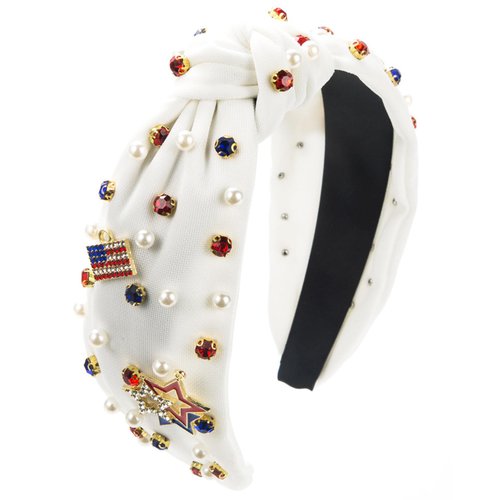 TailaiMei 4th of July Rhinestone Knotted Headband for Women, USA Flag Star Jeweled Crystal Embellished Ladies Twist Wide Hair Band Accessories Holiday Makeup Hair Hoop Gifts (White)