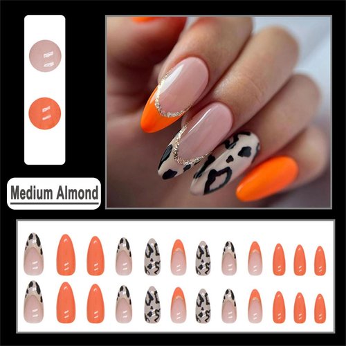 DOCVOEOMH Almond Shaped Press on Nails Medium Orange Acrylic Fake Press Ons Nails with French Leopard Print Design Glue on Full Cover Artificial False Stick on Nail for Girls Women Daily Wear 24PCS