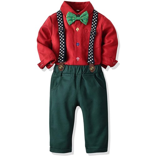 Toddler Dress Suit Baby Boys Clothes Sets Bowtie Shirts + Suspenders Pants 3pcs Gentleman Outfits Suits 6Month - 6Years (Red, 18-24M)