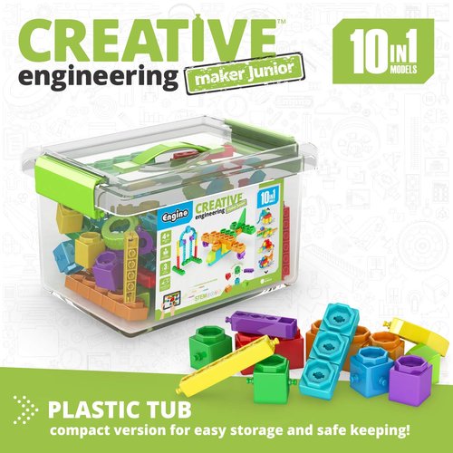 Engino Toys Creative Engineering STEAM Maker Junior 10-Model Set, Color and Number Learning, Stackable Building Blocks, Hand-Eye Coordination, Elephant, Giraffe, Spaceship, Home Learning, for Ages 4+