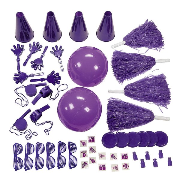 Fun Express Purple School Spirit Assortment - Bulk 50 Piece Set - Hand clappers, Whistles, megaphones, pom-poms and More - School Spirit Supplies