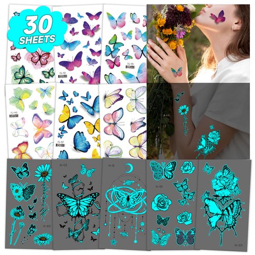 Cerlaza 30 Sheets Butterfly Temporary Tattoos for Adult Women, Blue Glow + Glitter Fake Tattoos Realistic, Luminous Butterflies Tattoo sticers for Butterfly Birthday Decorations party favors supplies