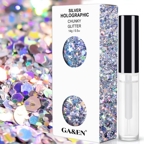 Silver Holographic Chunky Glitter Cosmetic Body Hair Face Eye Nail for Festival Carnival Concert Party Beauty Rave Accessories Different Sizes&Shapes 2 Pots 14g/0.5oz+ Quick Dry Primer Glue Gel