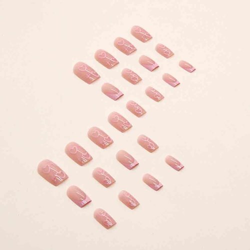 Foccna 24pcs French Tip Pink Fake Nails Press on Nails Medium Square LOVE Design Glossy False Nail Tips Artificial Finger Manicure for for Women&Girls
