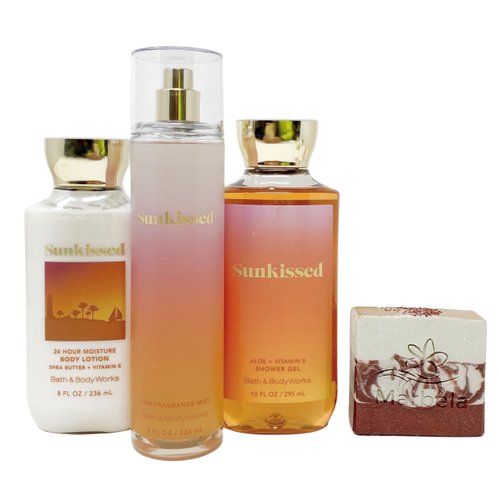 Bath & Body Works Sunkissed - Trio Gift Set - Fine Fragrance Mist, Shower Gel and Body Lotion With a Cherry On Top Soap.