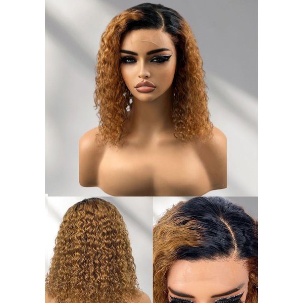 KADOYEE Ombre Brown HD Lace Front Wigs Human Hair Pre Plucked Deep Wave Curly Bob Wigs for Black Women Brazilian Virgin Hair Wigs with Baby Hair 150% Density (14 Inch #1B/33Short Curly Bob Wigs)