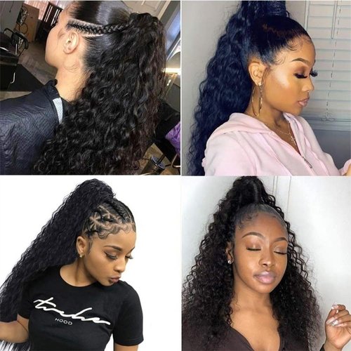 XUENMB Curly Ponytail Extension for Women 21 Inch Long Drawstring Kinky Curly Wigs Daily Black Natual Wavy Clip in Ponytail Hairpieces (black)