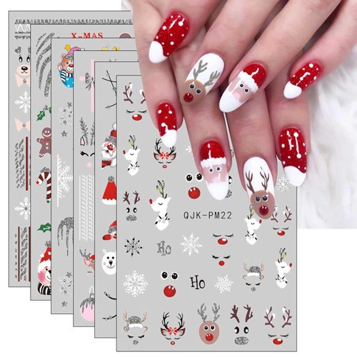 JMEOWIO 10 Sheets Glitter Christmas Nail Art Stickers Decals Self-Adhesive Pegatinas Uñas Snowflake Xmas Winter Holiday Cute Deer Nail Supplies Nail Art Design Decoration Accessories