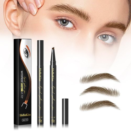 2 PCS 2024 New Magic Eyebrow Pencil, 3D Waterproof Microblading Eyebrow Pencil Contouring Pen, 4 Fork Tip & Spoolie Brush for Natural-Looking Hair-Like Defined Brows, Last All-Day, Dark Brown
