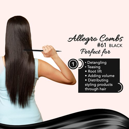 Allegro Combs 61 XL Rat Tail Combs Wide Tooth Comb Detangling Hair Styling Coarse Hair Foiling Thick Back Parting Combs Hairstylist Combs For Women Made In USA 3 Pc. (Black)