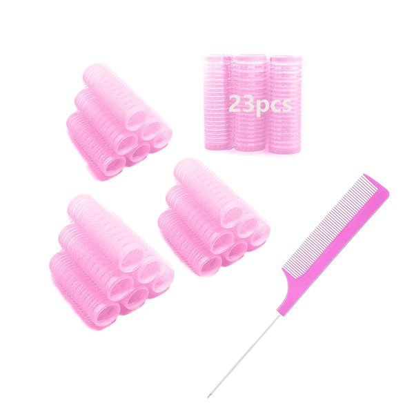 MOODKEY 24PCS Self Grip Small Hair Curlers Set Nylon Hair Rollers, Heatless Pro Salon Hairdressing Curler Tools for Women, Medium Short Hair (0.8in, Pink)